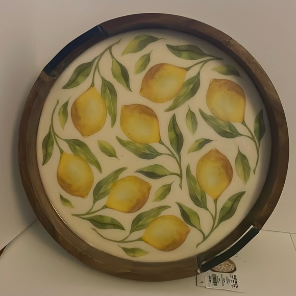 Gourmet Basics Lemon Rotating Tray, wood with iron handles. 16”L X 16”W X 2.75”H - Picture 9 of 17